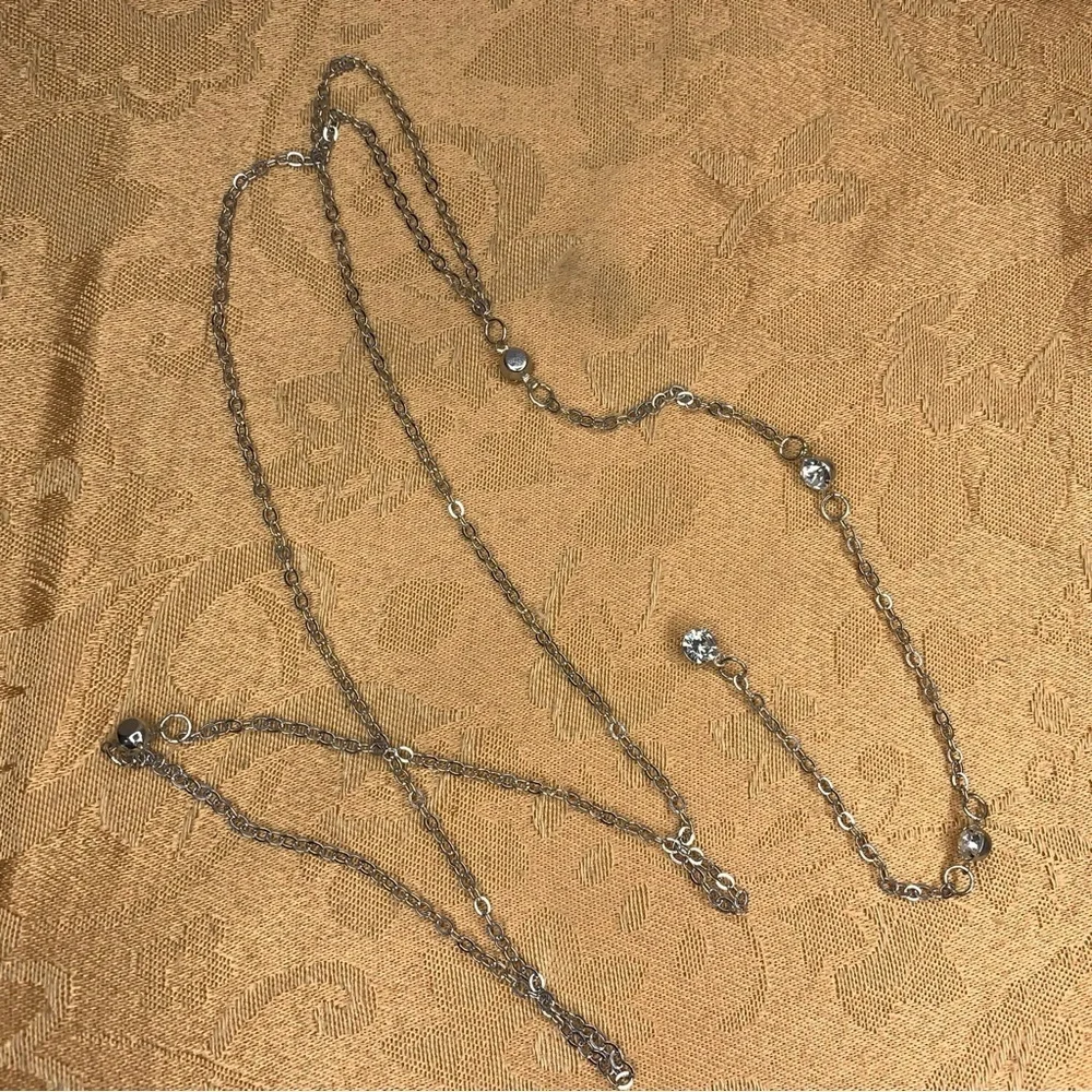 Silver Rhinestone Accent Lariat Style Necklace Glam Gift Pullover 29” Length